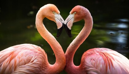 Two Pink Flamingos Forming a Heart Shape in a Serene Pond at Dusk, Capturing the Enchanting Romance of Natures Palette