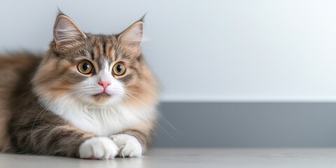 Fototapeta premium A fluffy cat with striking eyes rests calmly on a smooth surface, embodying curiosity and tranquility in a modern home setting.
