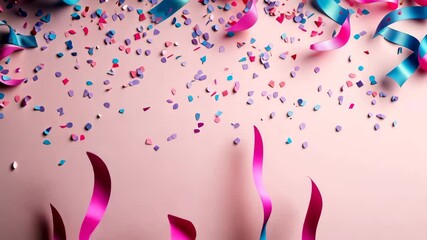A pastel light pink and blue background with confetti and ribbons.