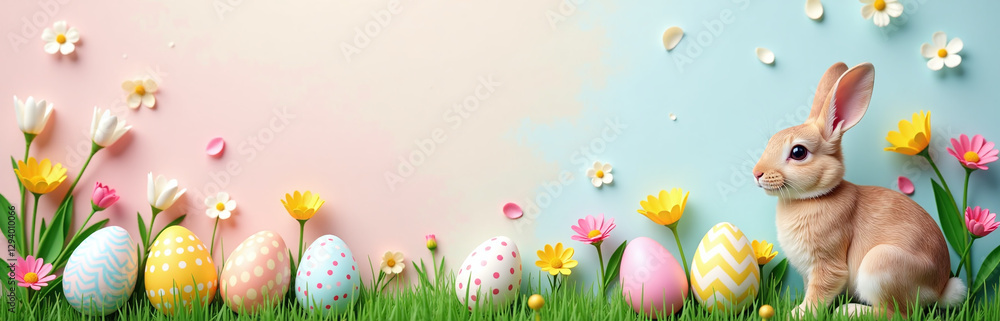 Poster colorful easter design features cute bunny surrounded by easter eggs and flowers on a top view flat 