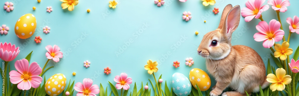 Poster colorful easter design features cute bunny surrounded by easter eggs and flowers on a top view flat 