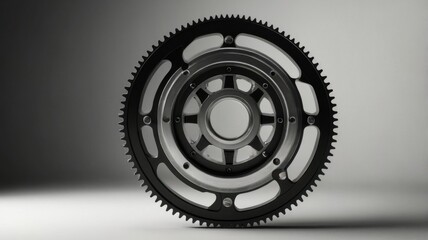 Minimal Flywheel Icon in Black and Silver Isolated on White Background with Intricate Gear Design Technical Component in Precision Engineering
