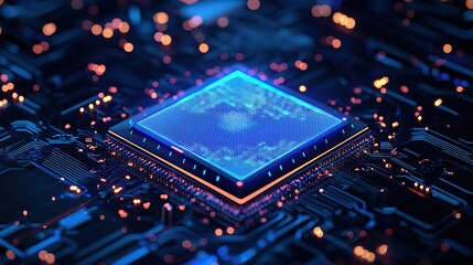 Artificial intelligence technology and neural networks enhance big data cybersecurity, securing data streams effectively. A vibrant, futuristic microchip surrounded by intricate circuitry