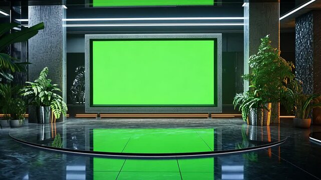 Virtual studio with green screen background surrounded by lush greenery