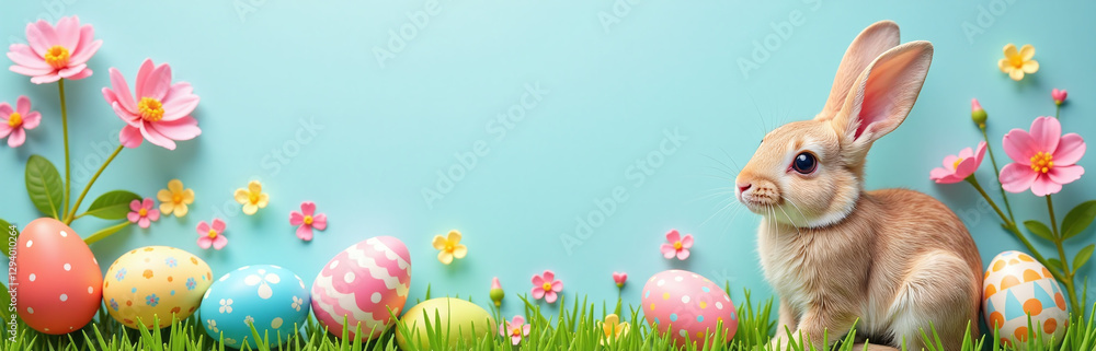 Poster colorful easter design features cute bunny surrounded by easter eggs and flowers on a top view flat 