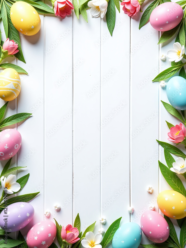 Poster Colorful Easter Banner With Double Egg Side Border Against A White Wood Background Features A Large Copy Space Above It.