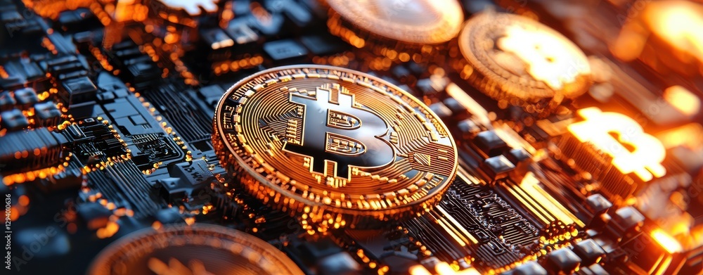 Poster a close-up view of bitcoin coins on a circuit board, showcasing the intricate details of cryptocurre