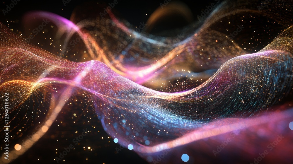 Poster flowing multicolored particle waves shimmer brightly.