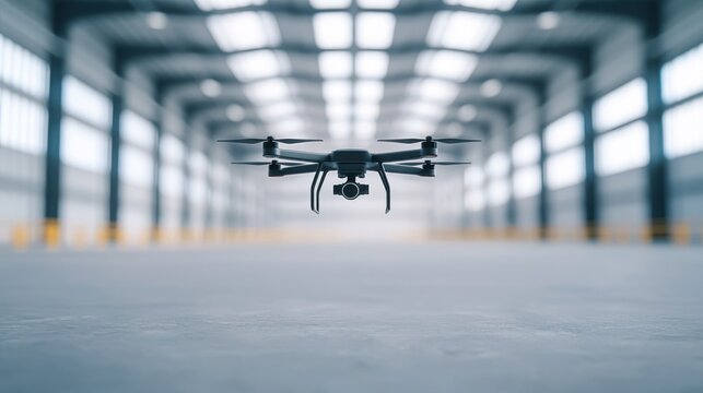 Drone in action aerial photography in industrial warehouse environment captured from low angle