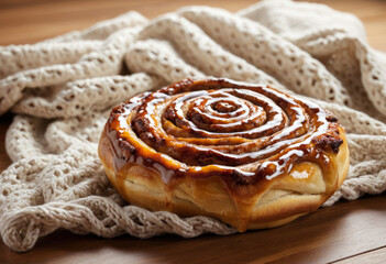 Close up dish Crochet blanket next to cinnamon roll on wooden table