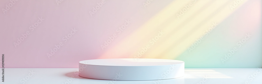 Poster clean podium featuring a soft rainbow gradient for spring, white background detailed light refractio