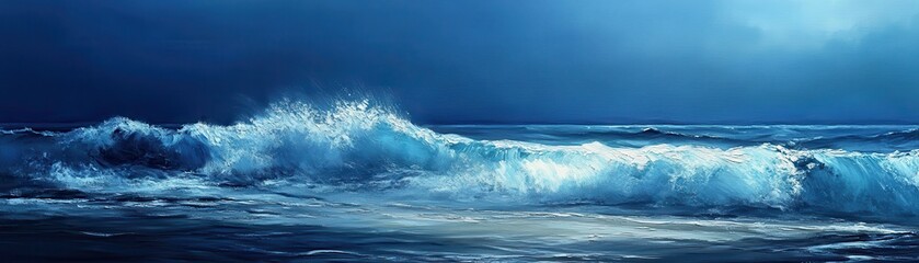 A vibrant painting depicts a powerful wave crashing onto the sandy shore of a tranquil beach at sunset.
