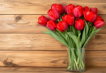 Vibrant red tulips in a clear glass vase sit on a rustic brown wooden surface. The image features a copy space to the left. 