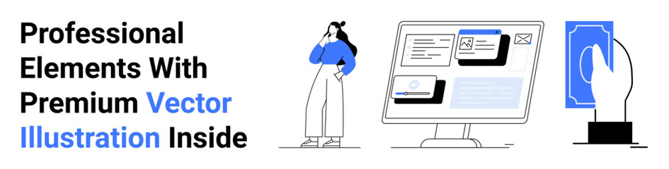 Thinking woman beside interface screen, digital transaction card. Ideal for finance, technology, business, creativity, ecommerce, workflow startups. Flat landing page banner