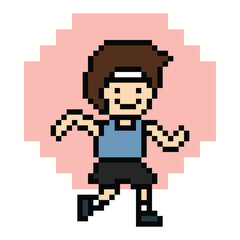 Naklejka premium Cute pixel cartoon exercise run 8bit character man run running jog cardio lifestyle decoration life style 8 bit male boy jog marathon exercise png game 8 bit vector.