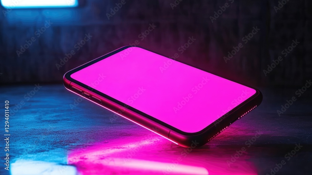 Poster floating smartphone at a dynamic angle, blank screen ready for customization, futuristic lighting.