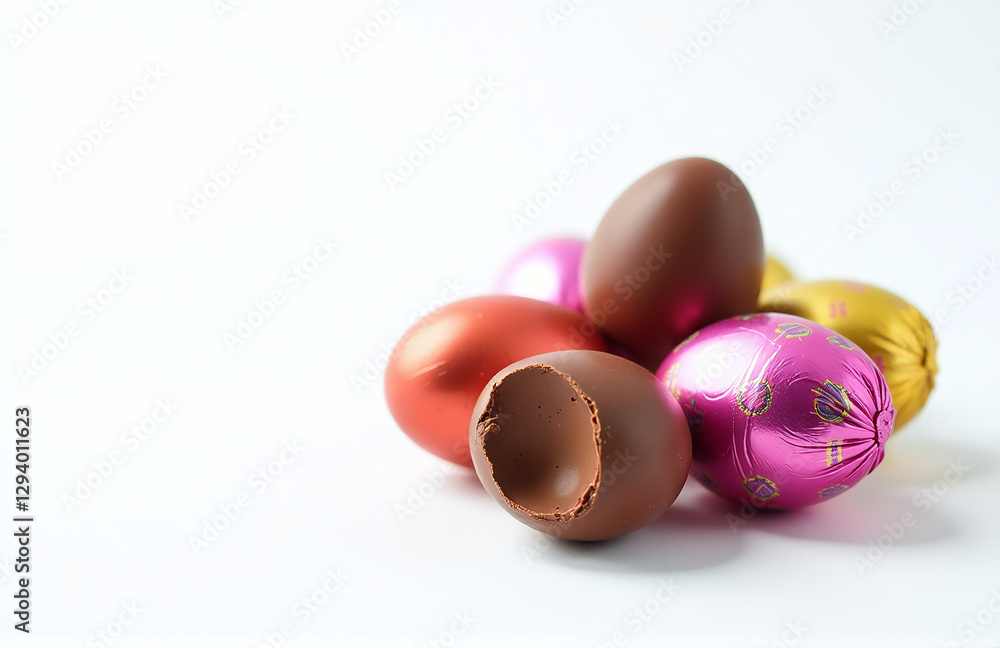 Poster chocolate eggs wrapped in bright foil are set against a clean white background as part of a colorful