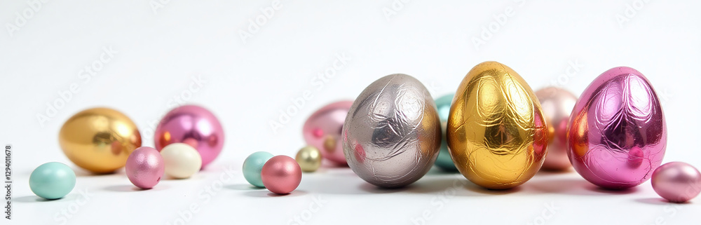 Poster chocolate eggs wrapped in bright foil are set against a clean white background as part of a colorful