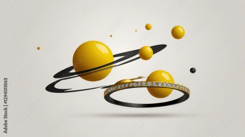Poster simple planet ring icon in yellow with black orbits and floating spheres against a white background 