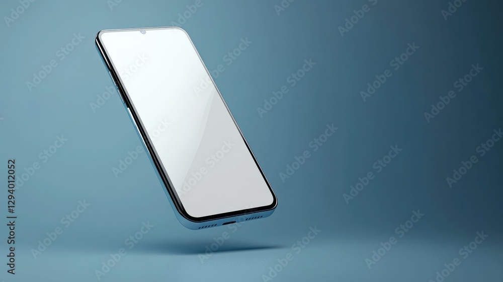 Poster floating smartphone at a dynamic angle, blank screen ready for customization, futuristic lighting.