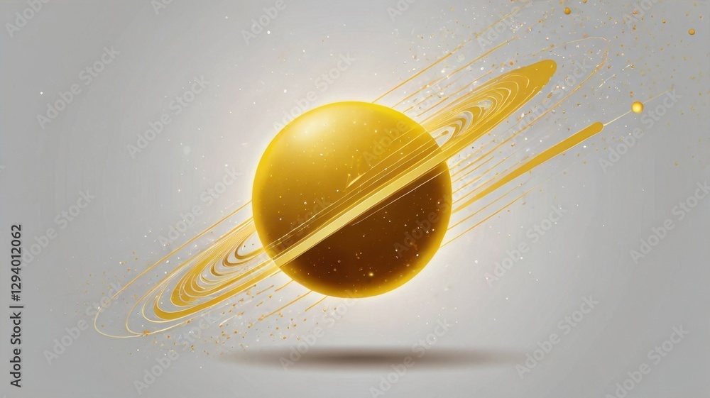 Poster simple yellow comet path icon featuring a yellow planet with rings isolated on gray background for s