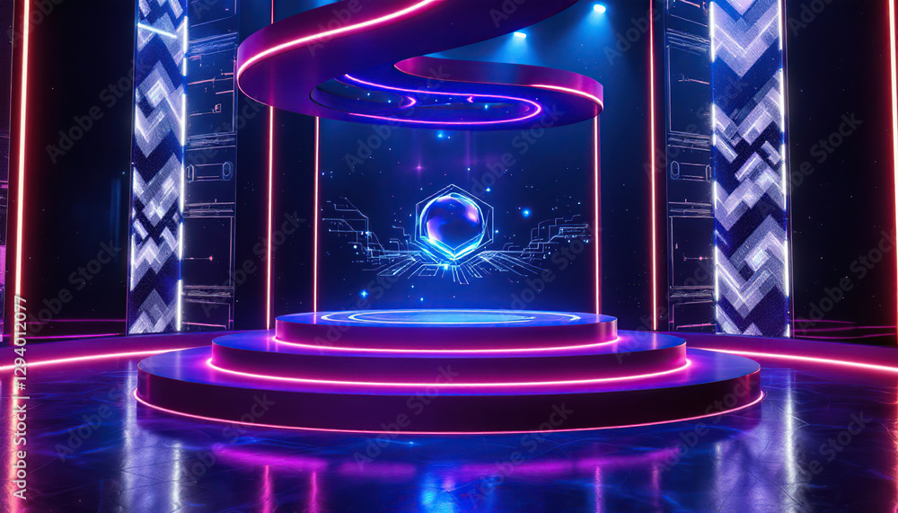 Poster neon stage with digital hologram background for event design