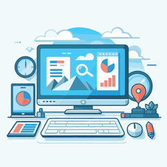 computer, technology, digital, business, communication, laptop, tech, device, design, pc, work, internet, office, web, desktop, monitor, employee, information, modern, data, electronic, vector, backgr