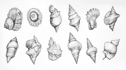 Sea marine shells hand drawn sketch vector illustration.