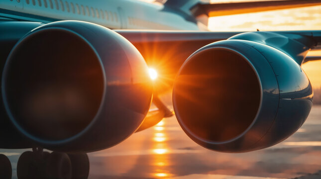 Airplane parts in sunset light. Modern commercial plane engines in close up
