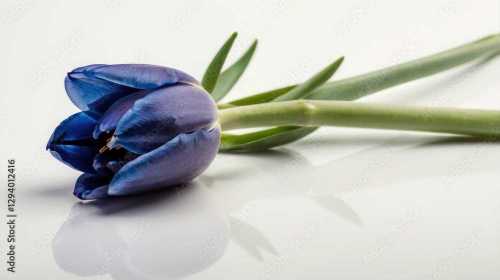 Poster single indigo tulip with green stem isolated against a white background with subtle reflection in a 