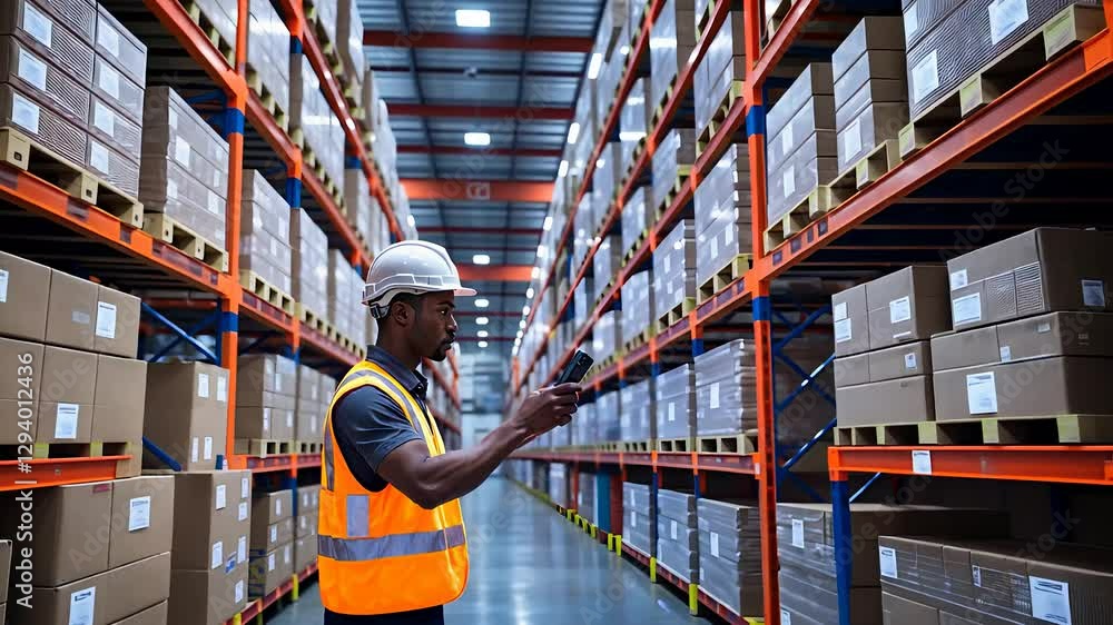 Poster warehouse worker scanning inventory with digital tablet in large storage facility with shelves stack