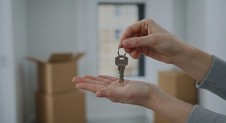 Woman Holding New House Keys in Hand with Moving Boxes