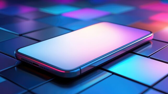 Floating smartphone hovering diagonally, blank screen glowing softly in a futuristic scene.