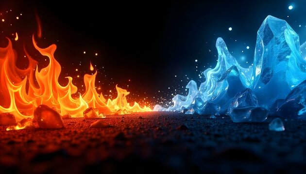 Arte digital abstracto de fuego y hielo, con llamas en tonos de rojo, naranja y amarillo a la izquierda, y hielo en tonos de azul y blanco a la derecha, sobre un fondo negro, creando un contraste