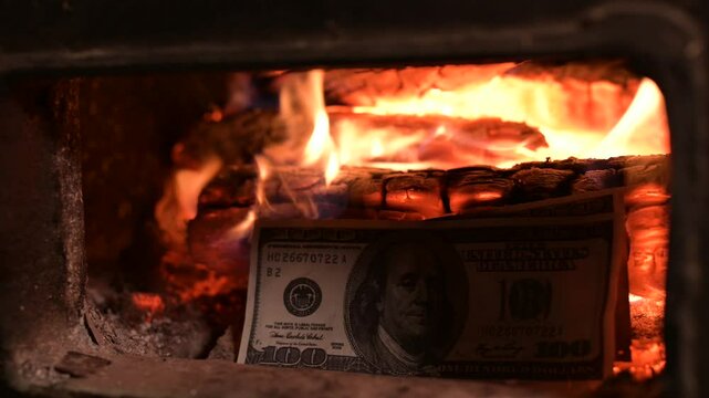 Man opens doors of firebox and burns dollar banknotes. Burning actual money, concept of high price on fuel for heating buildings in cold winter