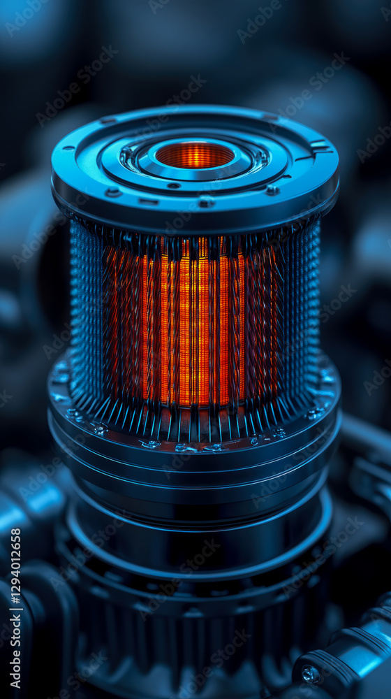 Poster high-tech component: close-up of futuristic machine part with orange core and intricate metal detail