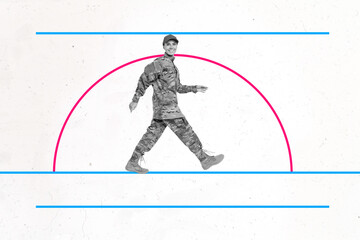 Contemporary art collage of happy soldier girl wear camouflage uniform walk border Independence day...