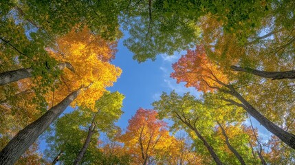 Looking Up Colorful Canopy, Autumn Forest with Red, Yellow, and Green Treetops Framing Blue Sky