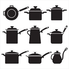 set vector various Kitchen saucepan silhouettes