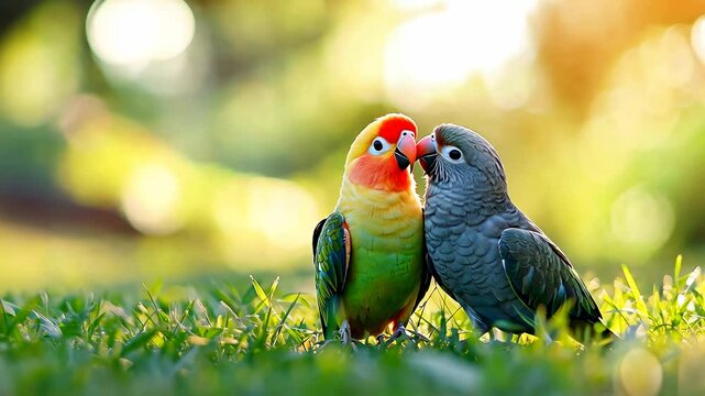 Two colorful parrots in a lush garden, captured at a low angle. The vibrant, sunlit scene evokes a serene, nature-themed video style. Live desktop wallpaper.