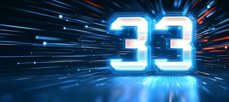 Glowing Number 33 on a Futuristic Digital Abstract Background with Light Trails, 3D Render
