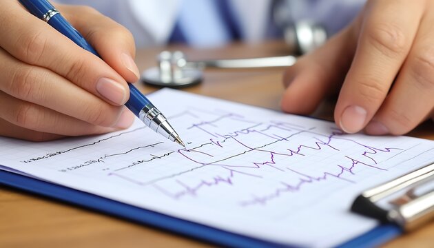 The doctor is writing on a chart with a blue pen carefully