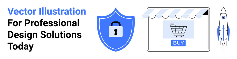 Shield with lock for security, online storefront with shopping cart, and rocket aesthetic. Ideal for security systems, online business, innovation, digital shopping, tech startups, futuristic ideas