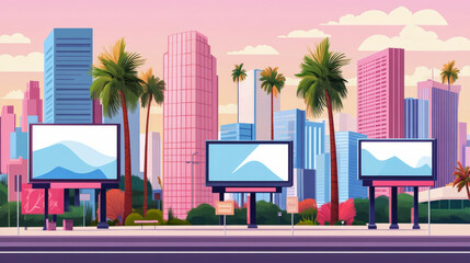 A vibrant cityscape with blank billboards offering advertising space, ideal for promotional purposes.