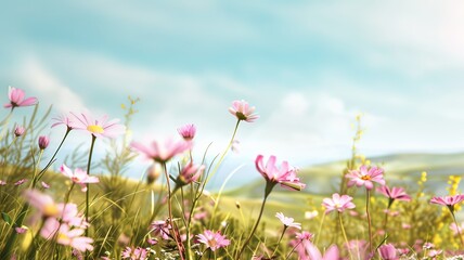 Obraz premium A field of pink flowers with a blue sky in the background. The flowers are scattered throughout the field, with some in the foreground and others in the background