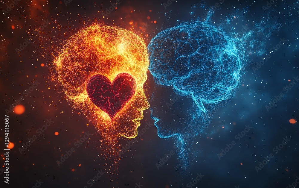 Poster a visual concept of the heart and brain connected by luminous pathways