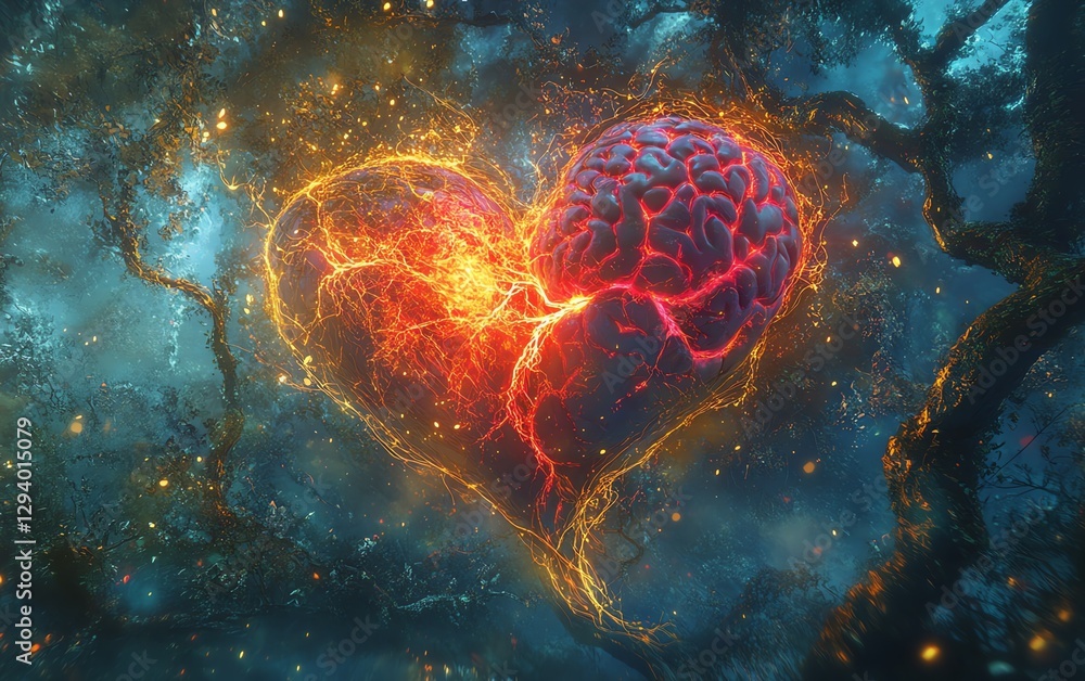 Poster a visual concept of the heart and brain connected by luminous pathways