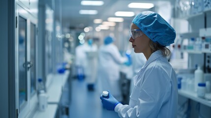 A woman in a lab coat is holding a pill bottle. She is wearing a blue hat and a white lab coat. The lab is filled with various bottles and vials, and there are other people in the room