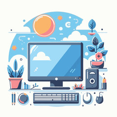 computer, technology, digital, business, communication, laptop, tech, device, design, pc, work, internet, office, web, desktop, monitor, employee, information, modern, data, electronic, vector, backgr