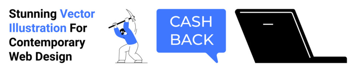 Worker mining with pickaxe, cashback text in speech bubble, and laptop. Ideal for e-commerce savings, financial apps, promotions, digital tools, online shopping, tech banner flat landing page banner